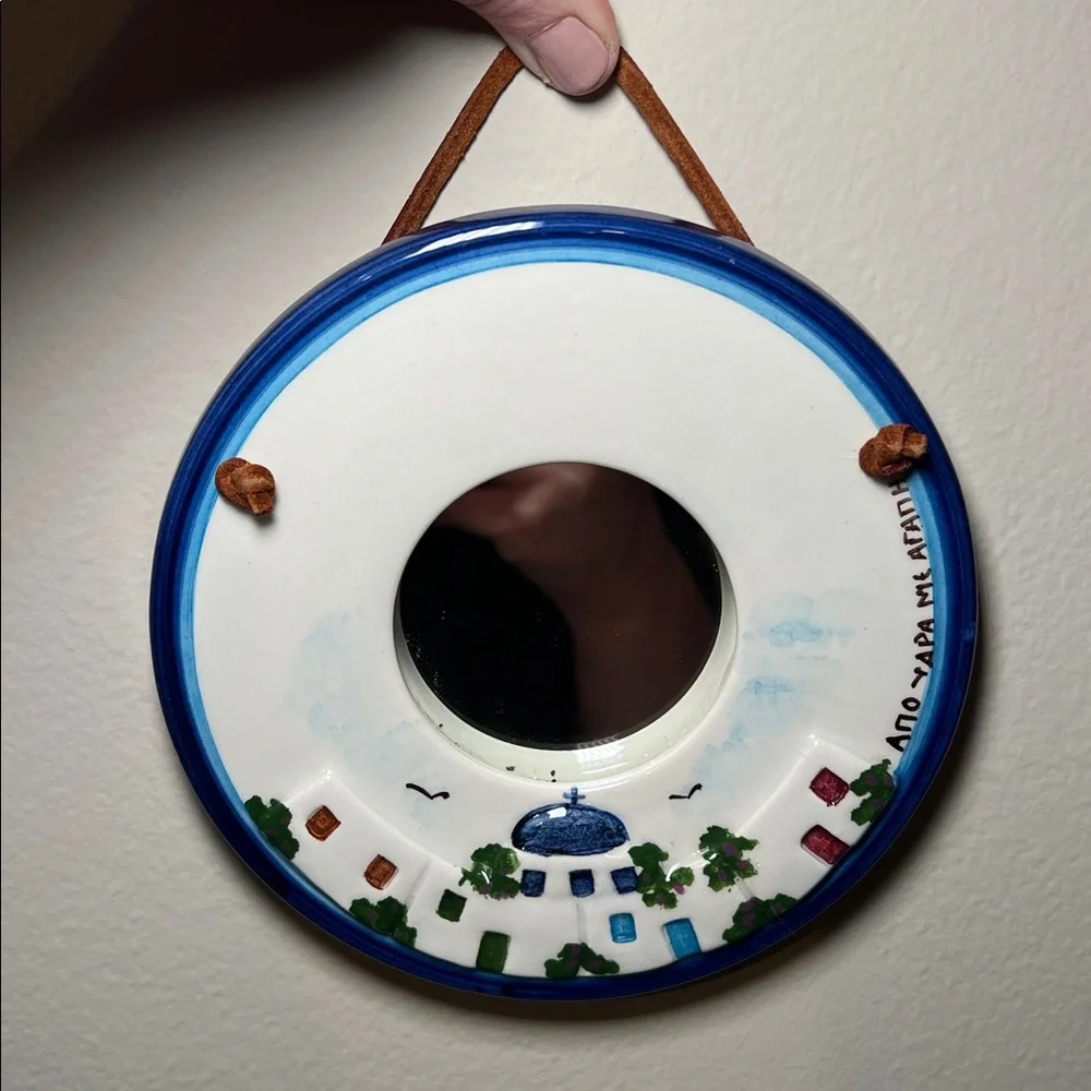 VTG Handpainted Greek Pottery Greece Mykonos Santorini Round Accent Wall Mirror